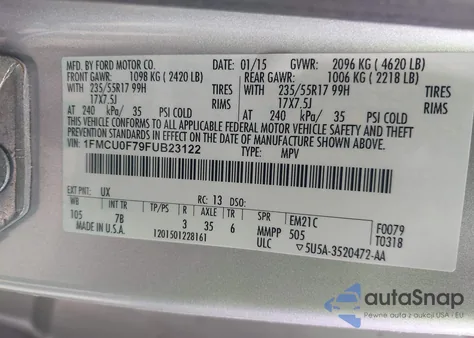 2015 Ford Escape S z USA, uszkodzony, nr VIN 1FMCU0F79FUB23122